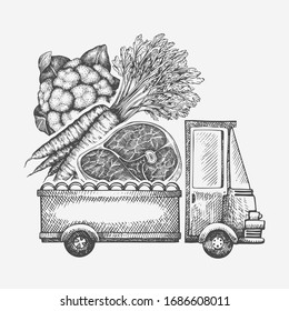 Food shop delivery logo template. Hand drawn vector truck with vegetables and meat illustration. Engraved style vintage food design.