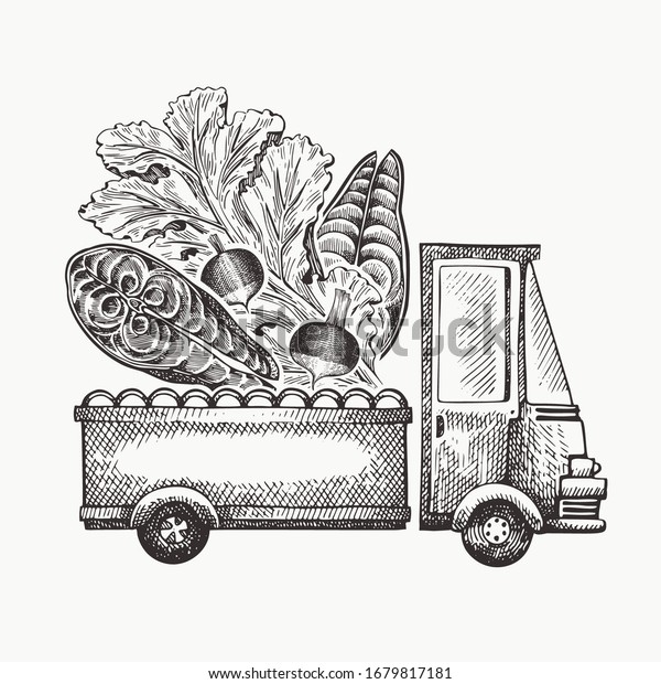 Food shop delivery logo template. Hand drawn\
vector truck with vegetables and fish illustration. Engraved style\
vintage food design.