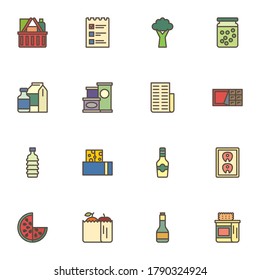 Food shop filled outline icons set, line vector symbol collection, grocery linear colorful pictogram pack. Signs logo illustration, Set includes icons as shopping basket, invoice, fruit package, milk