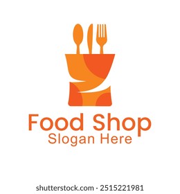 food shop logo with fork and spoon, modern and minimalist style, with orange color, suitable for business emblem