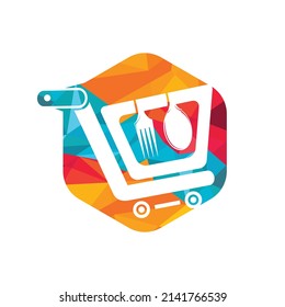 Food shop vector logo design. Shopping cart with fork and spoon icon design.	