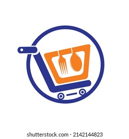 Food shop vector logo design. Shopping cart with fork and spoon icon design.	