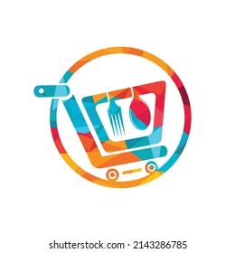Food shop vector logo design. Shopping cart with fork and spoon icon design.	