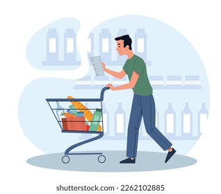 Food shopping concept. Man in supermarket with trolley of groceries and shopping list. Routine and household chores, buyer chooses products in grocery store. Cartoon flat vector illustration