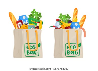 Food in Shopping Eco Bags, Grocery Isolated on White Background. Different Production Vegetables, Bread or Cans with Milk Package, Sausages, Greenery, Cheese or Ketchup. Cartoon Vector Illustration