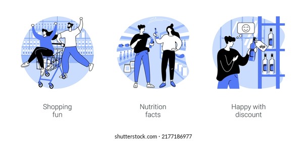 Food Shopping Isolated Cartoon Vector Illustrations Set. Having Fun Buying Essential, Shopping Cart Riding, People Read Product Composition, Nutrition Facts, Happy With Discount Vector Cartoon.