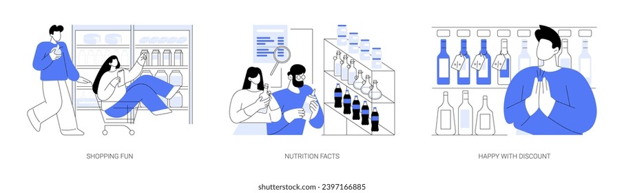 Food shopping isolated cartoon vector illustrations set. Having fun buying essential, shopping cart riding, people read product composition, nutrition facts, happy with discount vector cartoon.