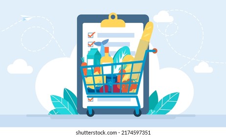 Einkaufsliste für Lebensmittel. App zum Kauf. Ordner mit Datensätzen. SelbstbedienungsSupermarkt Full-Shopping-Trolleykarren mit frischen Lebensmitteln. Rationelle Nutzung der Ressourcen. Vektorgrafik. Flachdesign