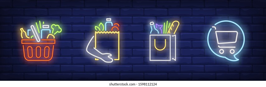 Food shopping neon sign set. Basket, bag, product, online order. Vector illustration in neon style, bright banner for topics like supermarket, market, grocery shop