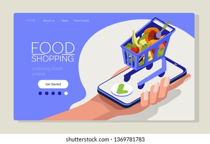 Food shopping online. Isometric shopping cart on a smart phone. Mobile app for online shopping. Web page template