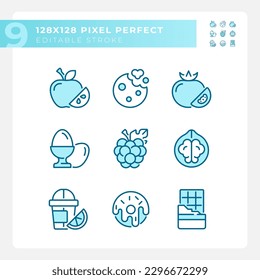 Food shopping pixel perfect blue RGB color icons set. Meal planning. Retail store. Supermarket. Grocery list. Isolated vector illustrations. Simple filled line drawings collection. Editable stroke