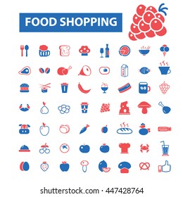 food shopping, retail, sales, supermarket,mall, market, merchandise, buying, consumer, store, cart, payment, groceries, bag, discount icons, signs vector concept set