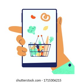 Food shopping service app. Hand holds phone with full shopping basket with groceries. Ordering food concept. Flat vector illustration.
