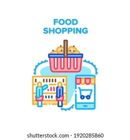 Food Shopping Vector Icon Concept. People Choosing Nutrition And Fresh Product On Grocery Counter And Putting In Shop Basket, Smartphone Application For Online Food Shopping Color Illustration