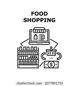 Food Shopping Vector Icon Concept. Food Shopping In Grocery Market, Choosing Vegetables And Fruits On Shelves In Shop. Online Order Nourishment And Delivery Service Black Illustration