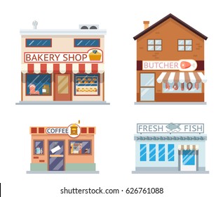 Food shops building set butcher coffee fish bakery design flat vector illustration