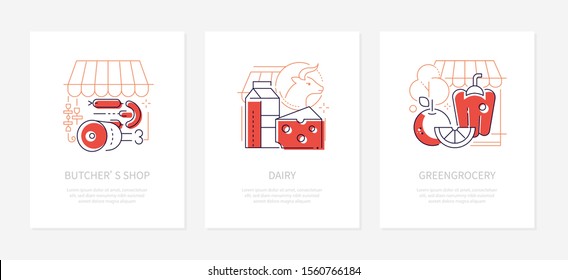 Food shops and market - line design style banners. Butchers, dairy store and greengrocery ideas thin line illustrations with icons and place for text. Images of products, meat, milk and vegetables