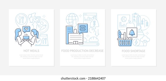 Food shortage and hot meals - line design style banners set with place for text. Restaurant menu, dinner, grocery basket, factory and production, bakery, world famine, lean year and crop failure idea