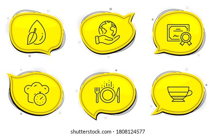 Food sign. Diploma certificate, save planet chat bubbles. Americano, Cooking timer and Water drop line icons set. Beverage cup, Stopwatch, Mint leaf. Cutlery. Food and drink set. Vector