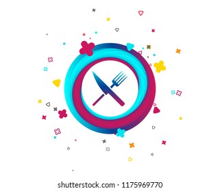Food sign icon. Cutlery symbol. Knife and fork. Colorful button with icon. Geometric elements. Vector