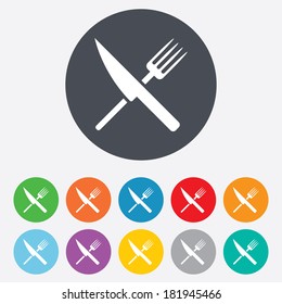 Food sign icon. Cutlery symbol. Knife and fork. Round colourful 11 buttons. Vector