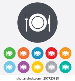 Food sign icon. Cutlery symbol. Knife and fork, dish. Round colourful 11 buttons. Vector