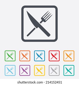 Food sign icon. Cutlery symbol. Knife and fork. Round squares buttons with frame. Vector