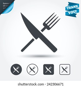 Food sign icon. Cutlery symbol. Knife and fork. Circle and square buttons. Flat design set. Thank you ribbon. Vector