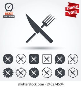 Food sign icon. Cutlery symbol. Knife and fork. Circle, star, speech bubble and square buttons. Award medal with check mark. Thank you ribbon. Vector