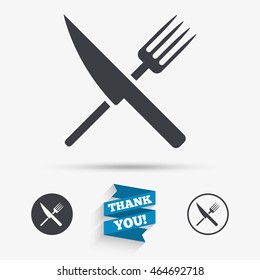 Food sign icon. Cutlery symbol. Knife and fork. Flat icons. Buttons with icons. Thank you ribbon. Vector