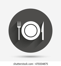 Food sign icon. Cutlery symbol. Knife and fork, dish. Circle flat button with shadow. Vector