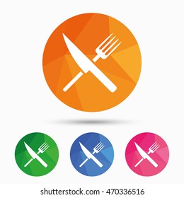 Food sign icon. Cutlery symbol. Knife and fork. Triangular low poly button with flat icon. Vector