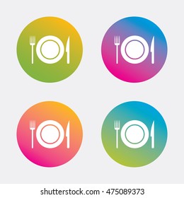 Food sign icon. Cutlery symbol. Knife and fork, dish. Gradient flat buttons with icon. Modern design. Vector