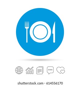 Food sign icon. Cutlery symbol. Knife and fork, dish. Copy files, chat speech bubble and chart web icons. Vector
