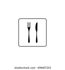  Food sign isolated. Silhouette cutlery in square. Icon meal on white background. Label quickly dinner. Symbol fast food for poster, banner. Design flat element. Vector illustration