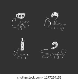 Food sign lettering coffee time, bakery paris, wine bar, seafood pizza drawing in minimalism style on dark background