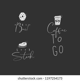 Food sign lettering honey bee, steak, coffee drawing in minimalism style on dark background