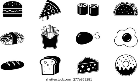 Food silhouette icons set with bread fast food drinks dessert elements
