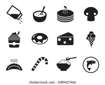 Food simple icons set with candy canes, ice-cream and doughnut. Thirteen vector icons