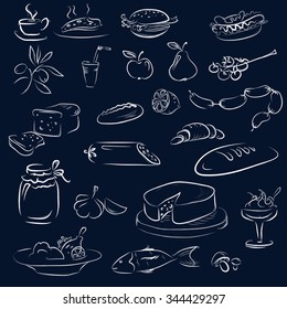 
Food sketch on blue background, vector