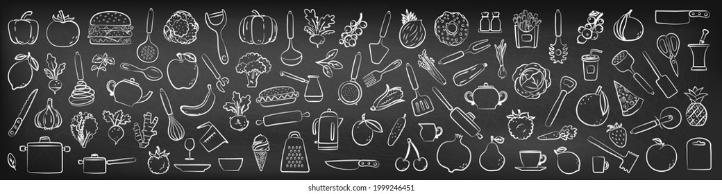 Food sketch on chalkboard background. Hand drawn kitchen utensils, fruit and vegetable. Beet, pepper, pineapple, pomegranate and burger. Chalk blackboard. Vector kitchenware set