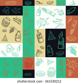 Food sketch pattern - colorful segmented elements. Ornament for print of wrapping paper.