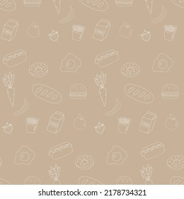 Food sketch seamless pattern with fast menu, bread and fruits with vegetables. Lunch meal with hamburger and french potatoe