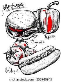 Food sketch set. Tomatoes, hamburger, hot dog and pepper.