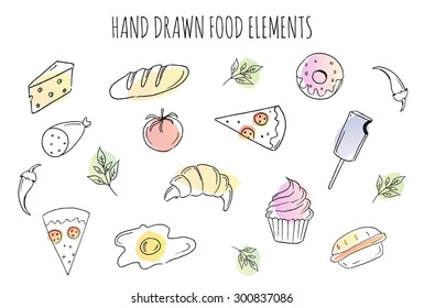 Food sketch. Vector hand drawn food elements. Breakfast food doodle set. Hand draw breakfast food. Morning set.