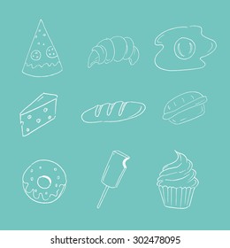 Food sketch. Vector hand drawn food elements. Breakfast food doodle set. Hand draw breakfast food. Morning set.