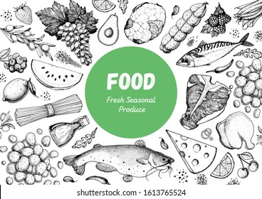 Food sketch. Vector illustration. Vegetables, fruits, meat hand drawn. Organic food set. Good nutrition pattern. Hand drawn food design elements.