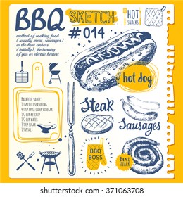 Food sketchbook with BBQ.  Vector illustration with barbecue with festive traditional American food. Labels of weekend party: sausages and hot dogs.