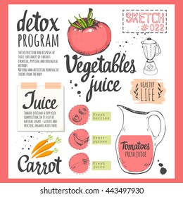 Food sketchbook with detox program. Useful drinks and fresh vegetables in sketch style. Vector illustration with natural juices and beverages: smoothies, lemonade and kitchen equipment.