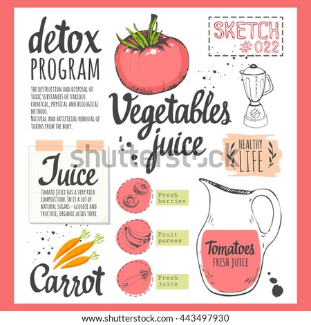 Food sketchbook with detox program. Useful drinks and fresh vegetables in sketch style. Vector illustration with natural juices and beverages: smoothies, lemonade and kitchen equipment.